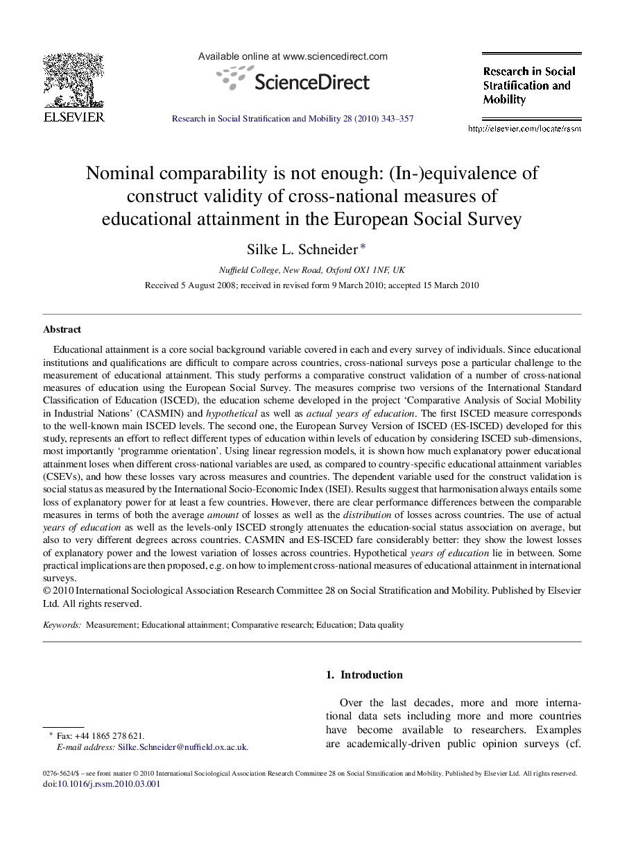 Nominal comparability is not enough: (In-)equivalence of construct validity of cross-national measures of educational attainment in the European Social Survey