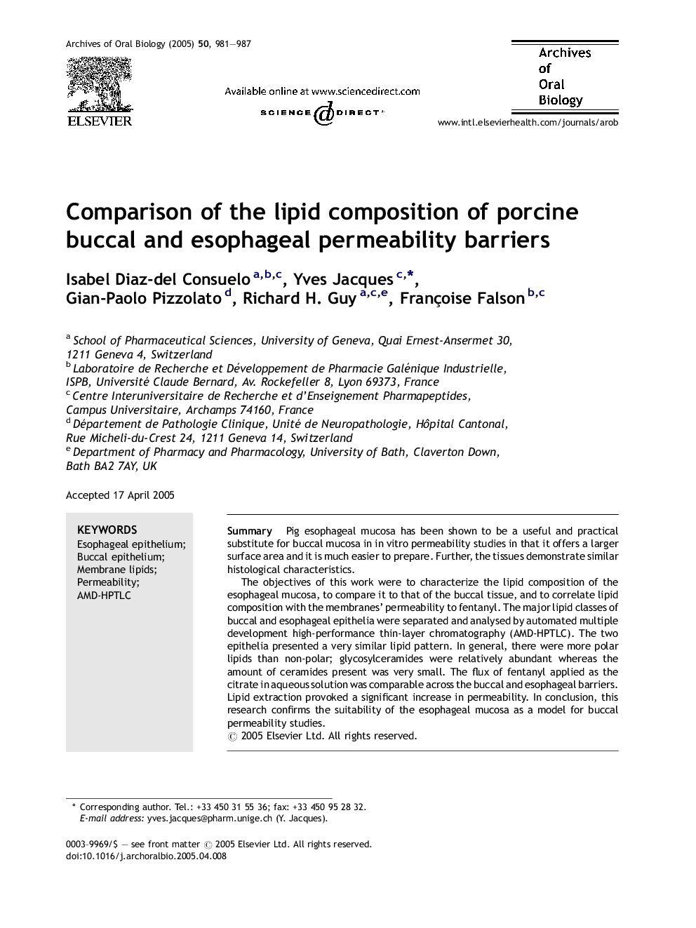 Comparison of the lipid composition of porcine buccal and esophageal permeability barriers