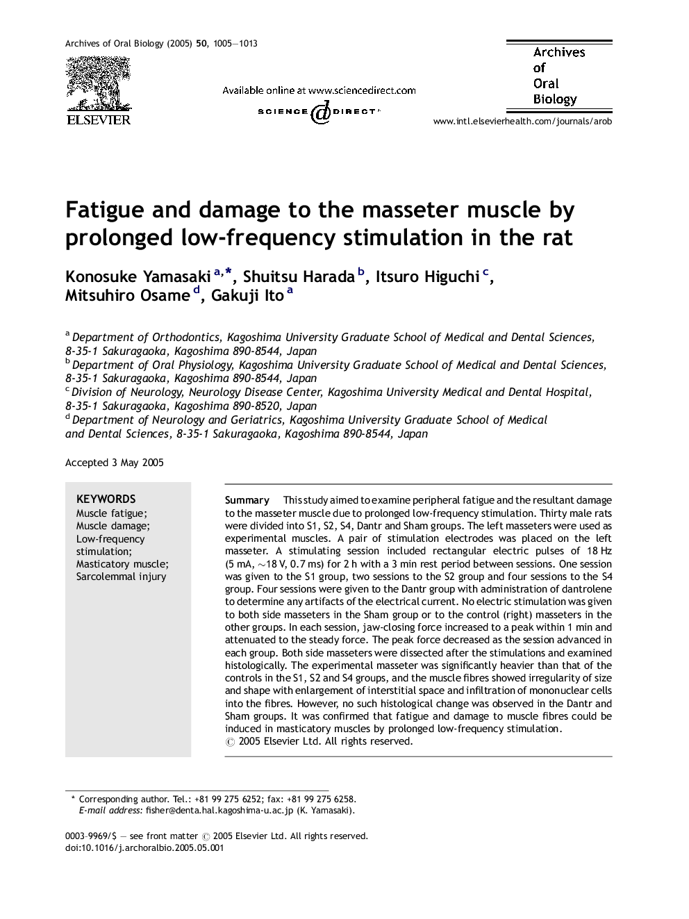 Fatigue and damage to the masseter muscle by prolonged low-frequency stimulation in the rat