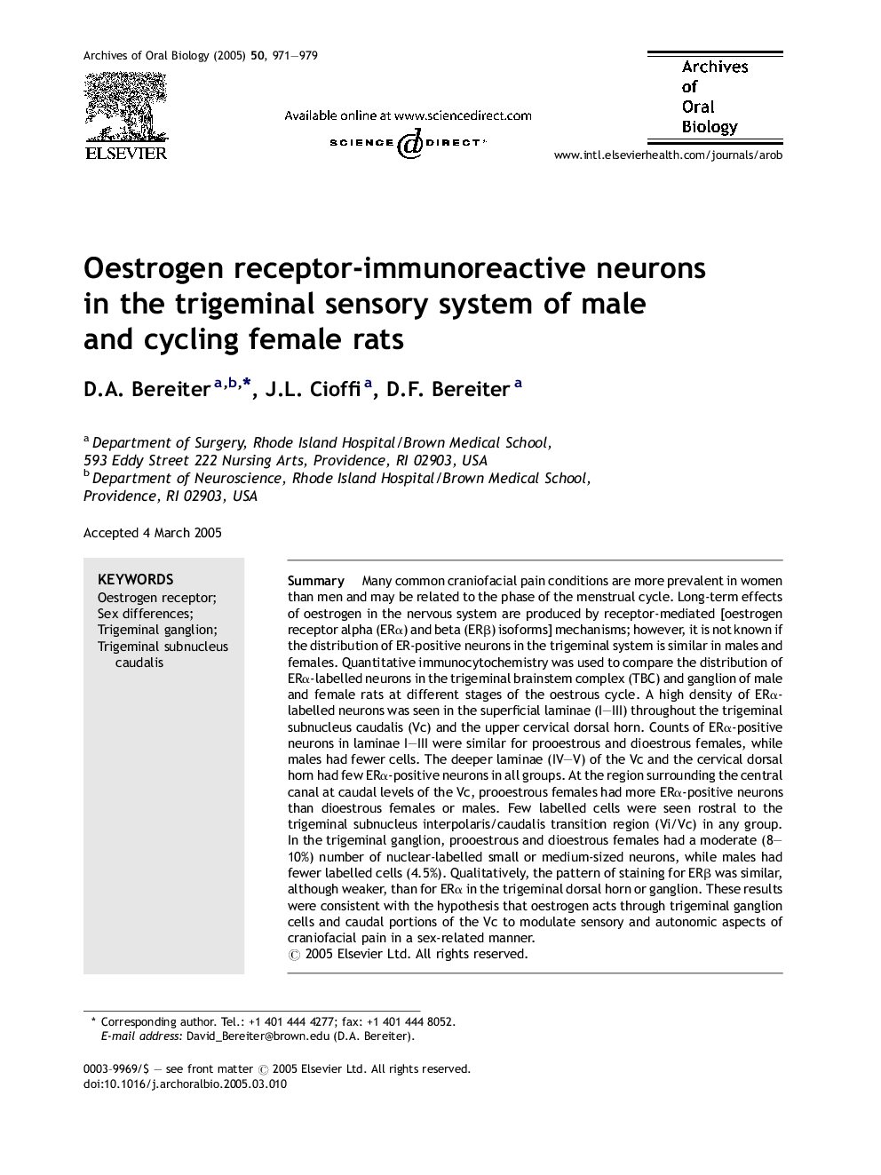 Oestrogen receptor-immunoreactive neurons in the trigeminal sensory system of male and cycling female rats