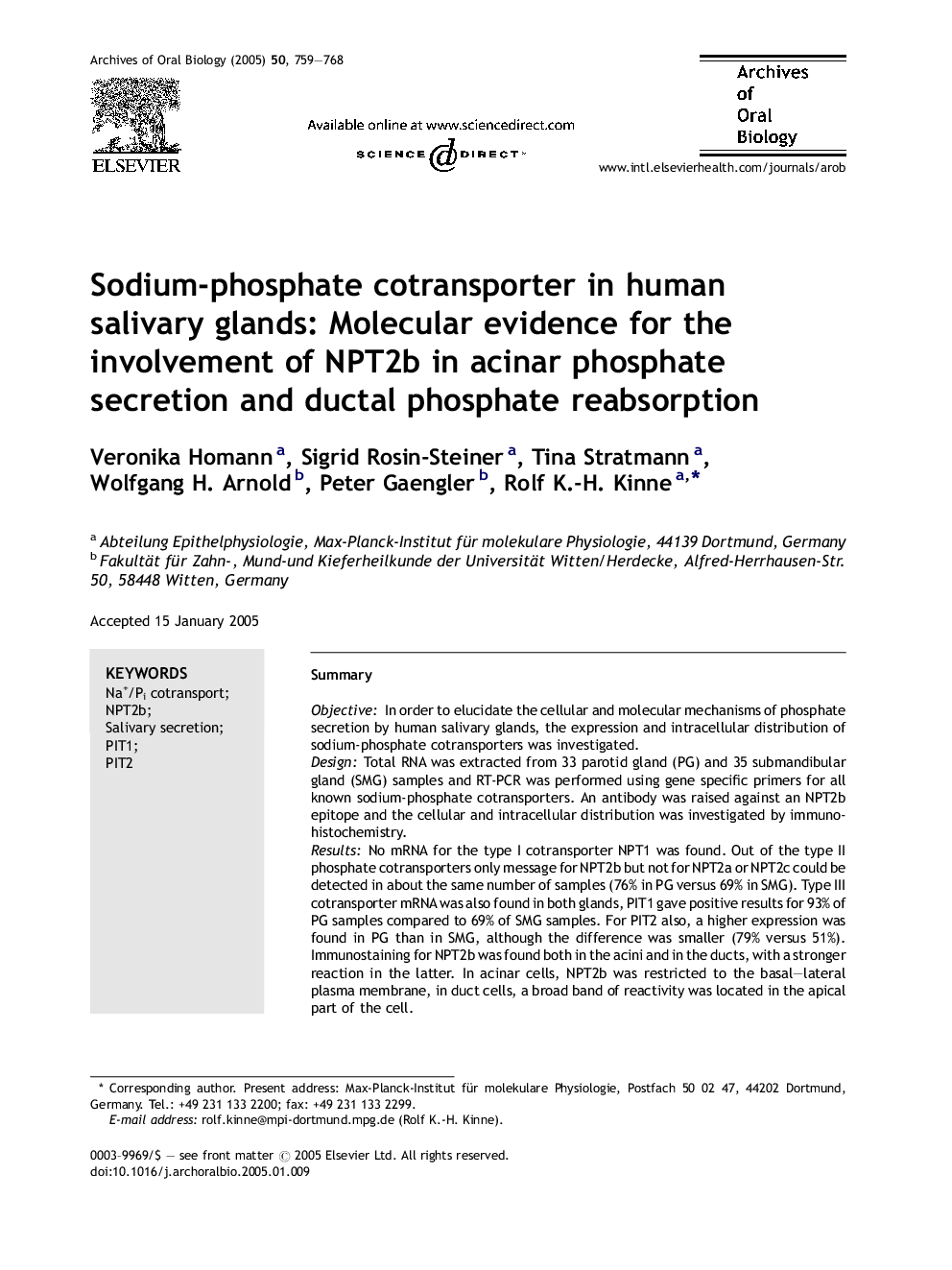 Sodium-phosphate cotransporter in human salivary glands: Molecular evidence for the involvement of NPT2b in acinar phosphate secretion and ductal phosphate reabsorption