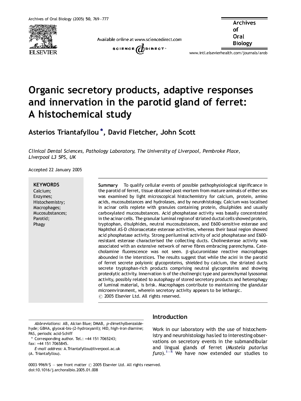 Organic secretory products, adaptive responses and innervation in the parotid gland of ferret: A histochemical study