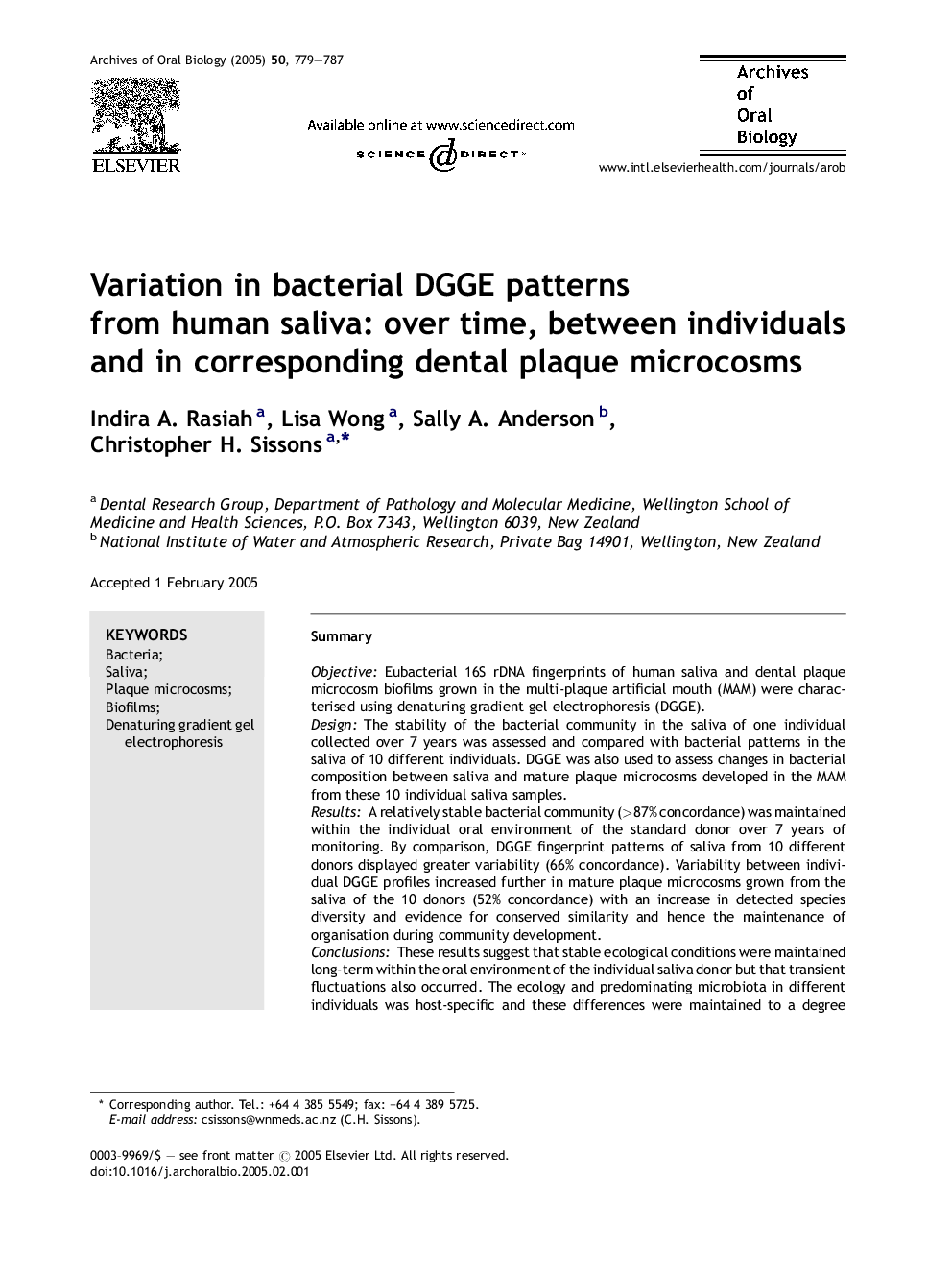 Variation in bacterial DGGE patterns from human saliva: over time, between individuals and in corresponding dental plaque microcosms