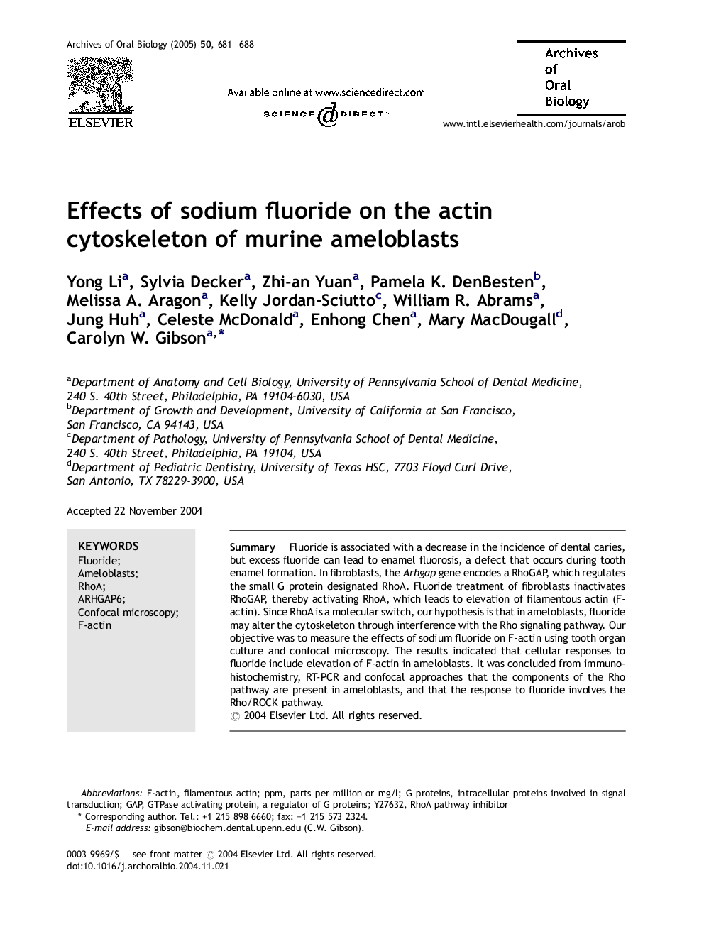 Effects of sodium fluoride on the actin cytoskeleton of murine ameloblasts