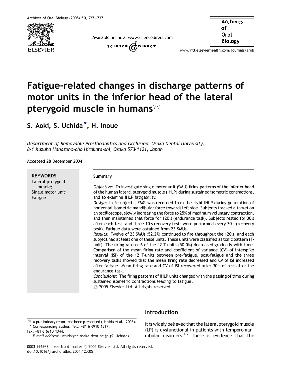 Fatigue-related changes in discharge patterns of motor units in the inferior head of the lateral pterygoid muscle in humans