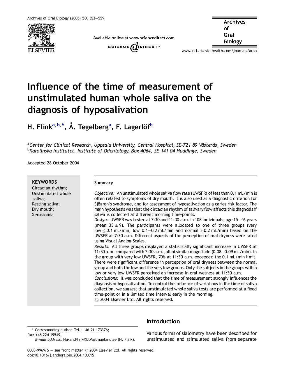 Influence of the time of measurement of unstimulated human whole saliva on the diagnosis of hyposalivation