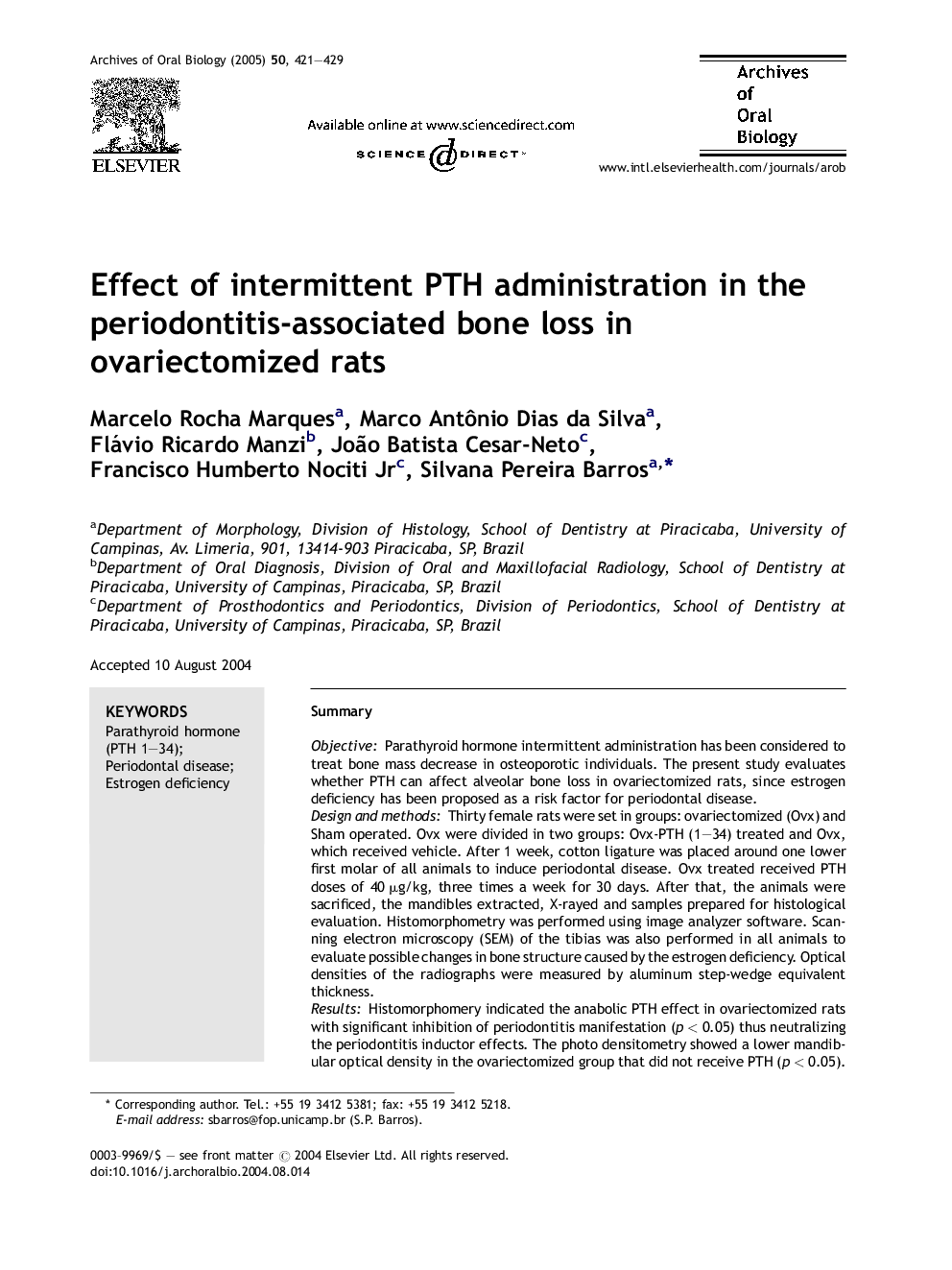 Effect of intermittent PTH administration in the periodontitis-associated bone loss in ovariectomized rats