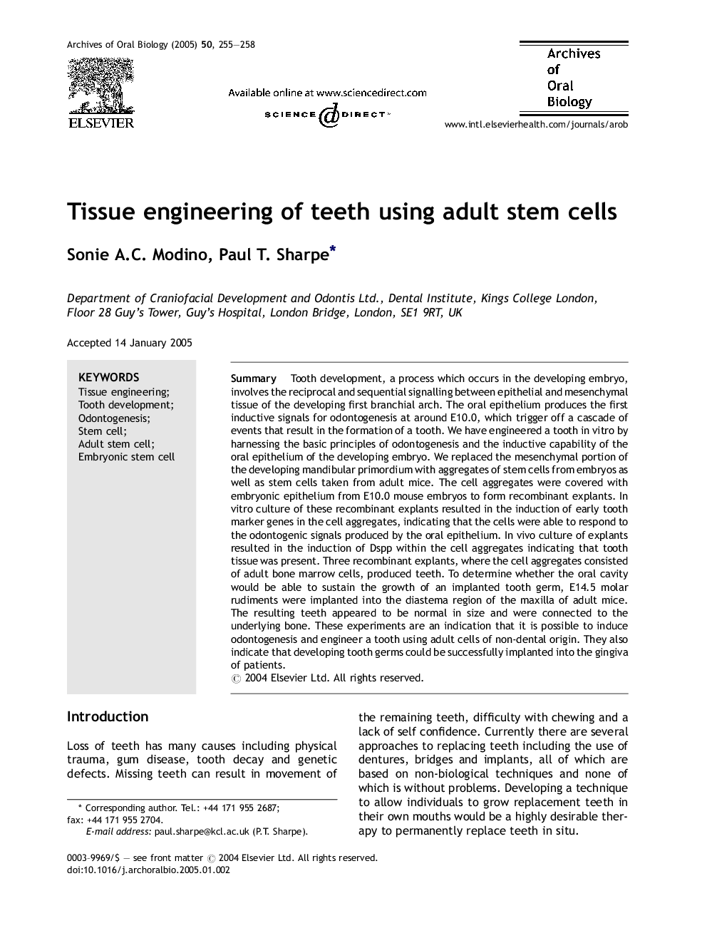 Tissue engineering of teeth using adult stem cells