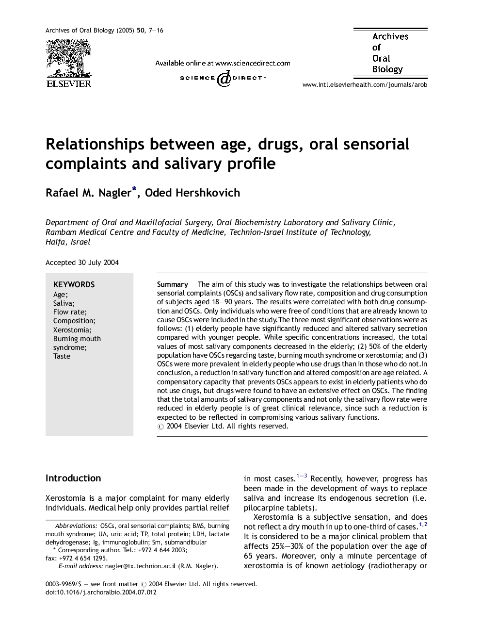 Relationships between age, drugs, oral sensorial complaints and salivary profile