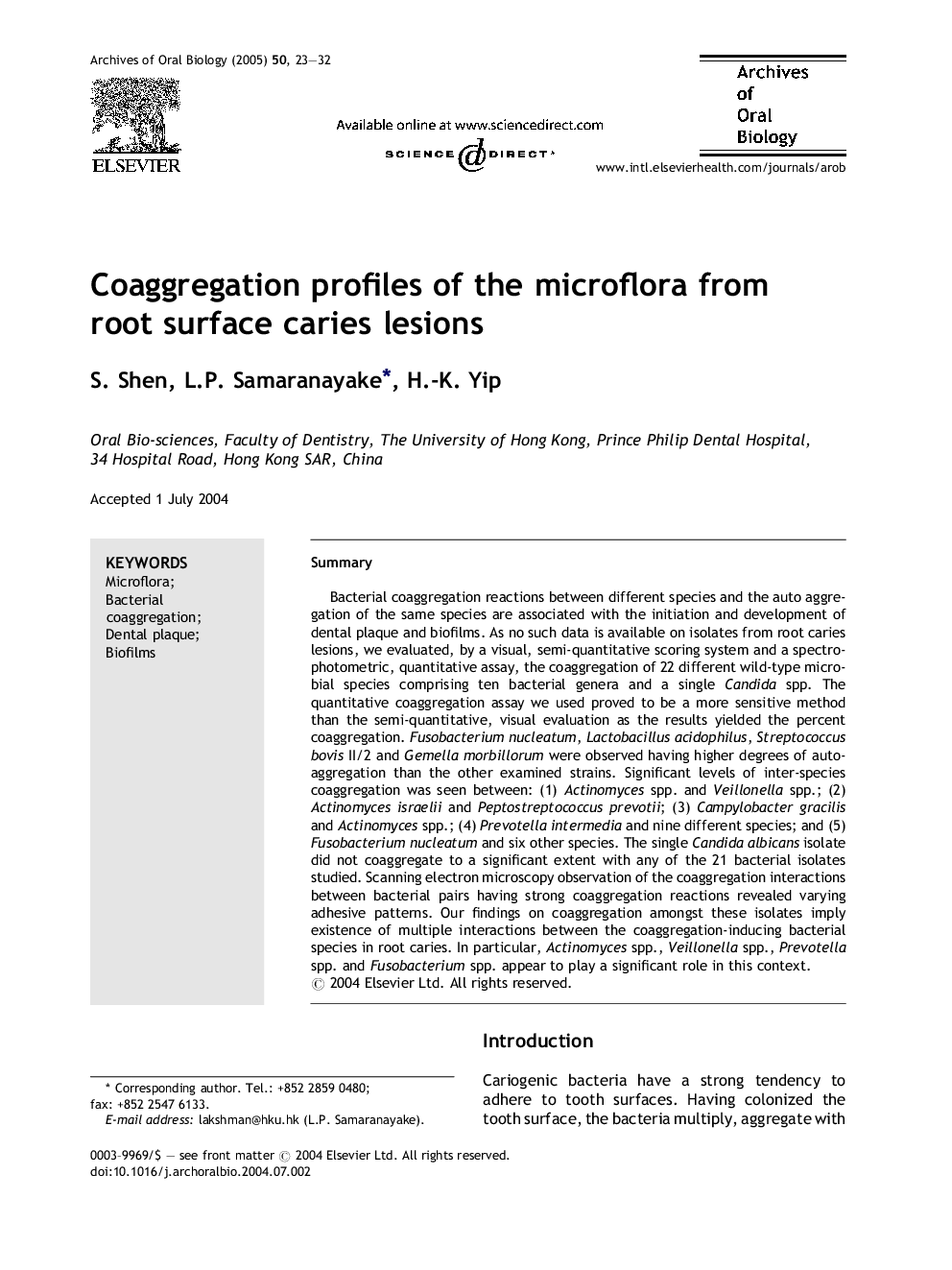 Coaggregation profiles of the microflora from root surface caries lesions