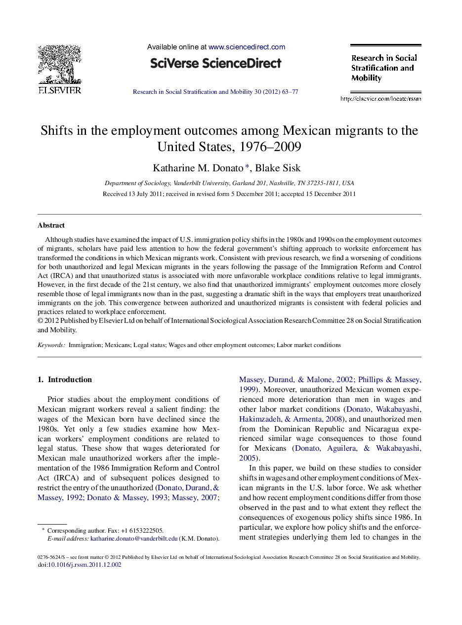 Shifts in the employment outcomes among Mexican migrants to the United States, 1976–2009