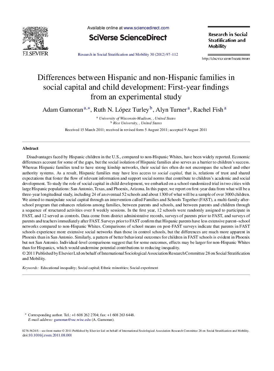 Differences between Hispanic and non-Hispanic families in social capital and child development: First-year findings from an experimental study