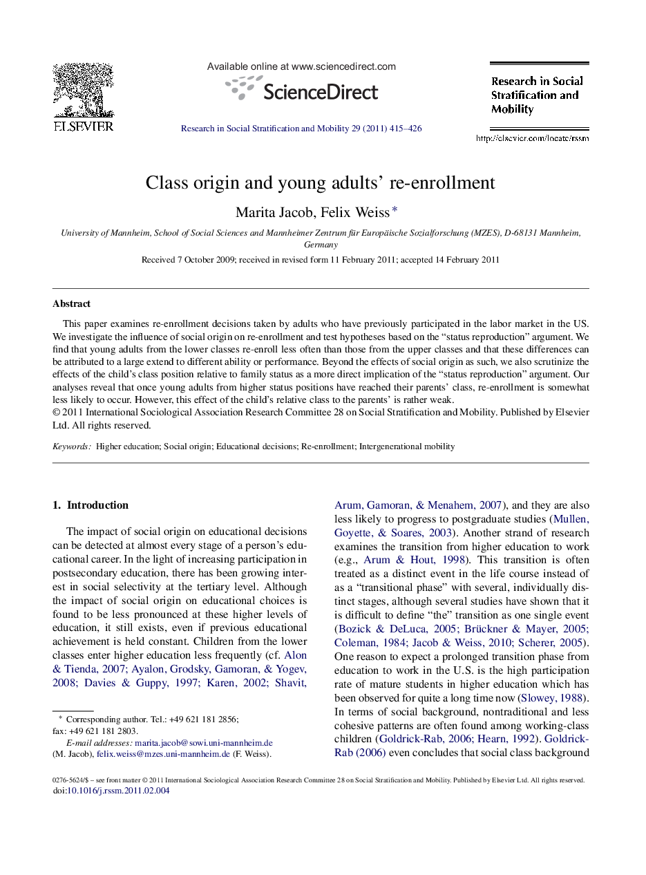 Class origin and young adults’ re-enrollment