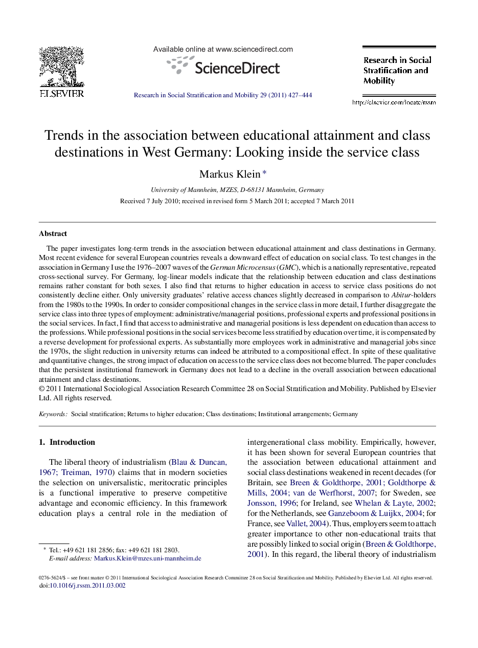 Trends in the association between educational attainment and class destinations in West Germany: Looking inside the service class