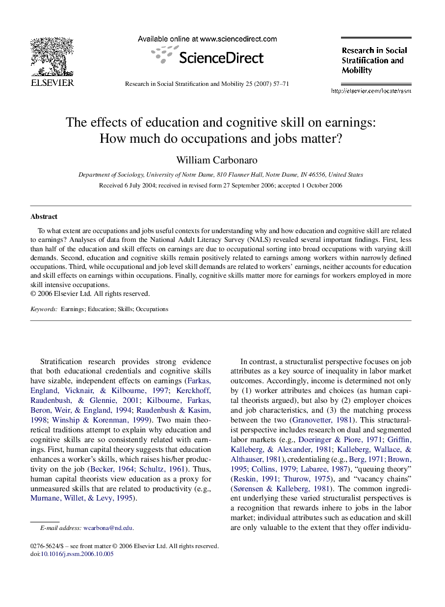 The effects of education and cognitive skill on earnings: How much do occupations and jobs matter?