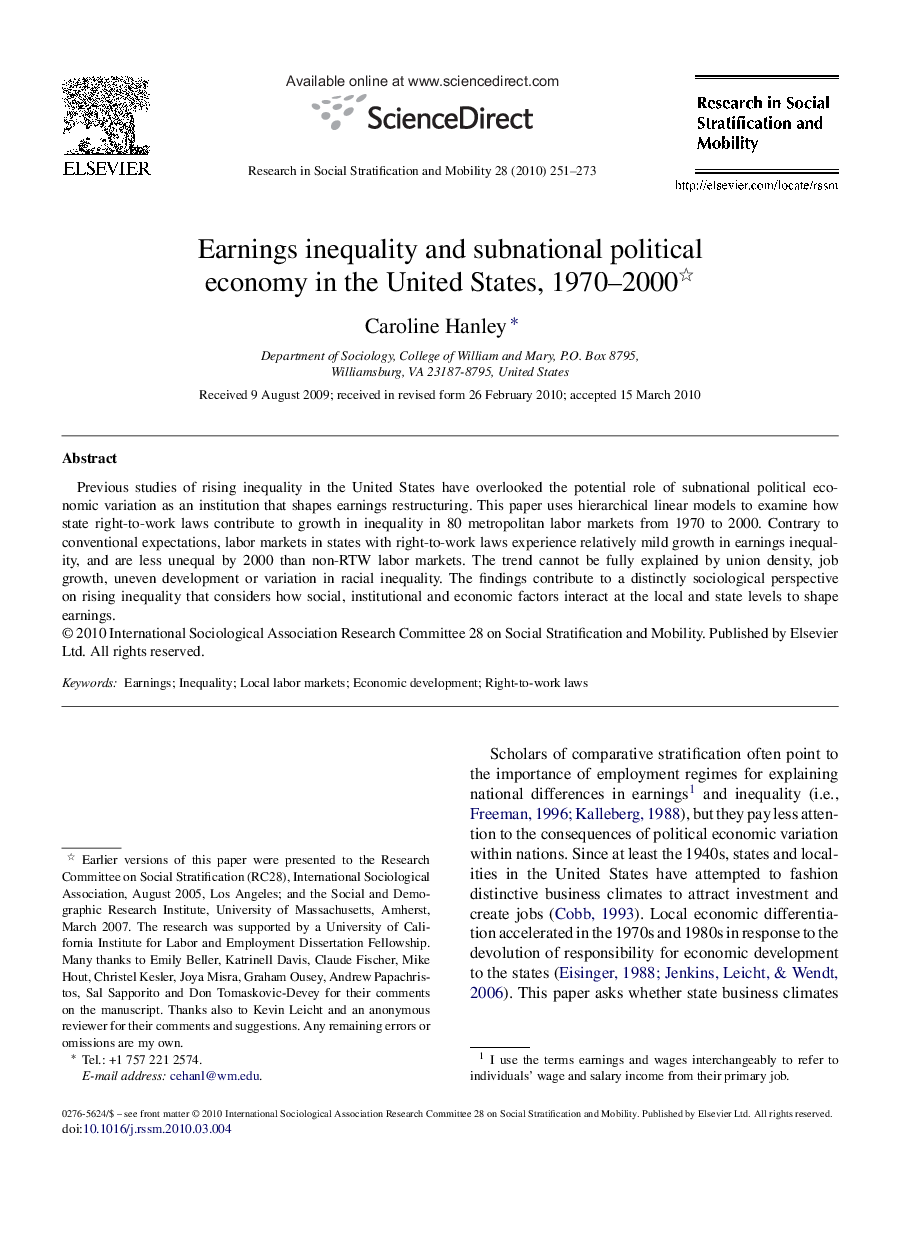 Earnings inequality and subnational political economy in the United States, 1970–2000 