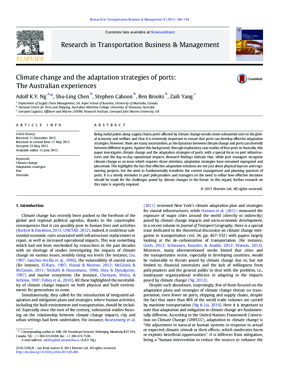 Climate change and the adaptation strategies of ports: The Australian experiences