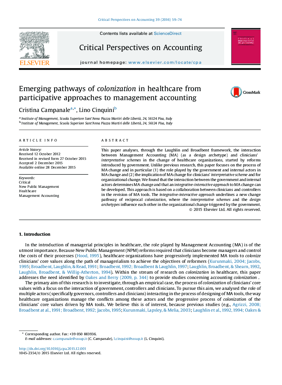 Emerging pathways of colonization in healthcare from participative approaches to management accounting