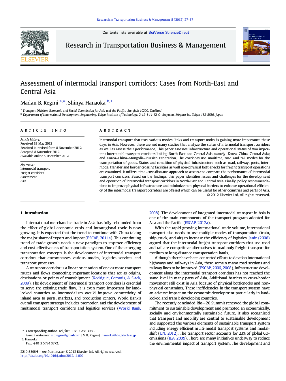 Assessment of intermodal transport corridors: Cases from North-East and Central Asia