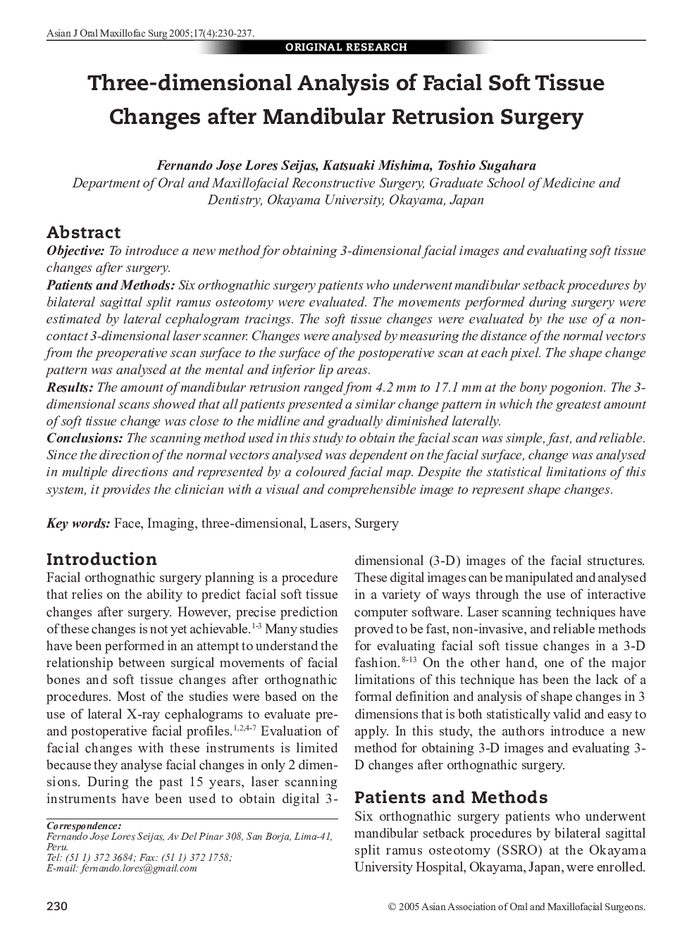 Three-dimensional Analysis of Facial Soft Tissue Changes after Mandibular Retrusion Surgery