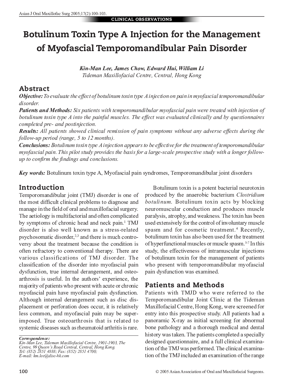 Botulinum Toxin Type A Injection for the Management of Myofascial Temporomandibular Pain Disorder