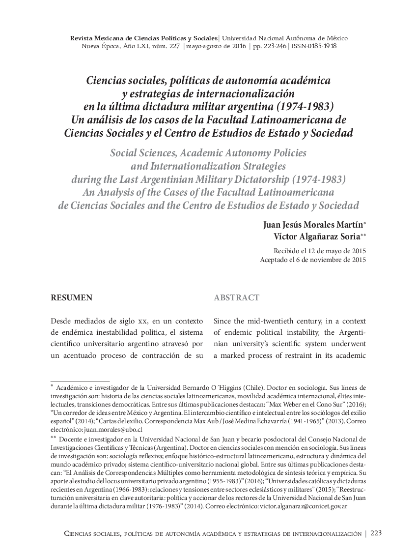 عکس صفحه اول مقاله: Ciencias sociales, políticas de autonomía académica y estrategias de internacionalización en la última dictadura militar argentina (1974-1983) Un análisis de los casos de la Facultad Latinoamericana de Ciencias Sociales y el Centro de Estudios de Estado y Ciencias sociales, políticas de autonomía académica y estrategias de internacionalización en la última dictadura militar argentina (1974-1983) Un análisis de los casos de la Facultad Latinoamericana de Ciencias Sociales y el Centro de Estudios de Estado y