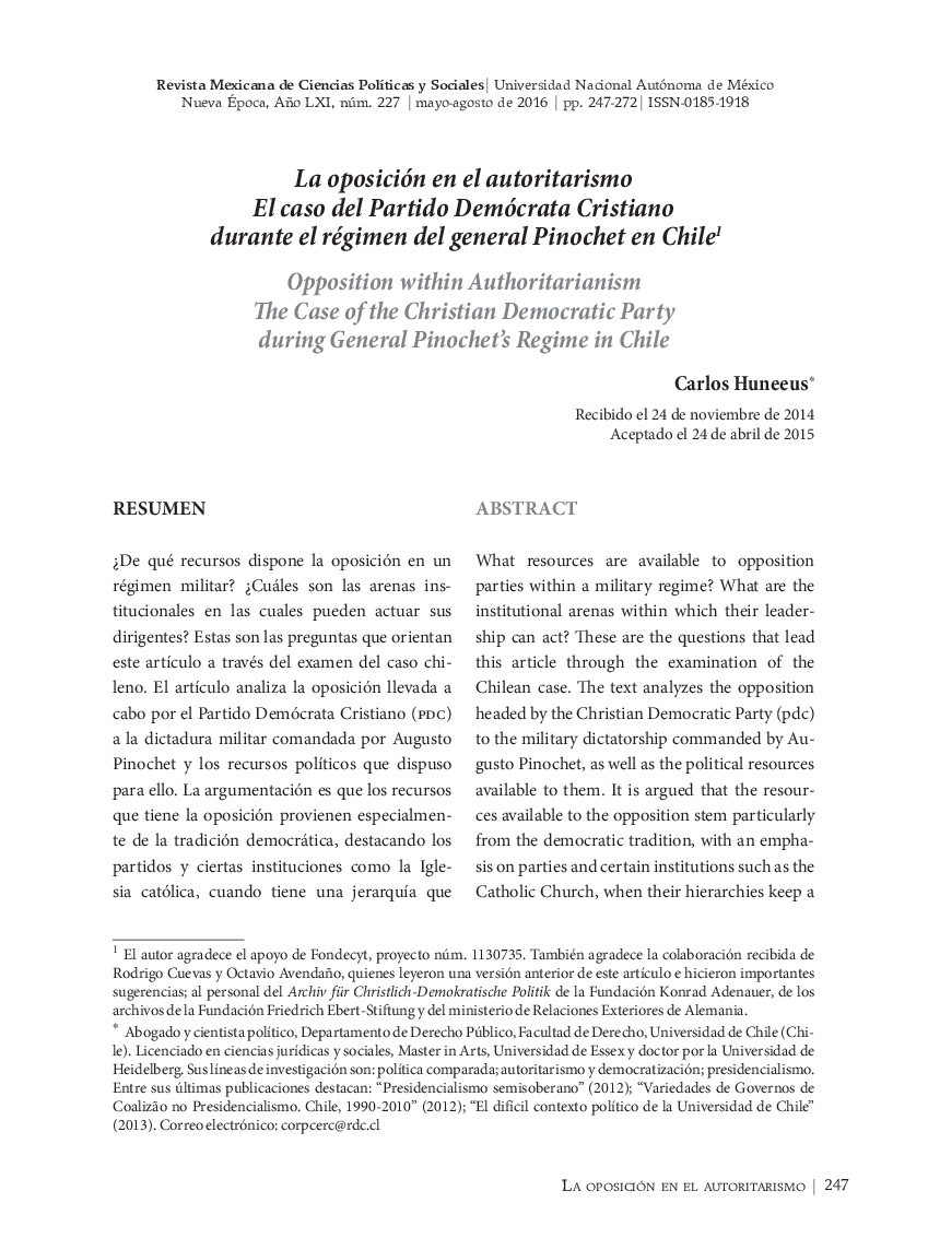 La oposición en el autoritarismo El caso del Partido Demócrata Cristiano durante el régimen del general Pinochet en Chile1