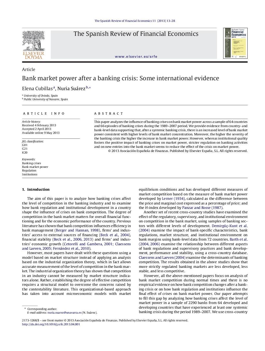 Bank market power after a banking crisis: Some international evidence