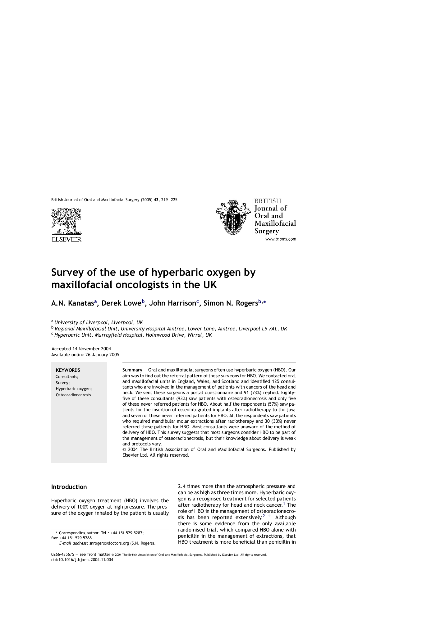 Survey of the use of hyperbaric oxygen by maxillofacial oncologists in the UK