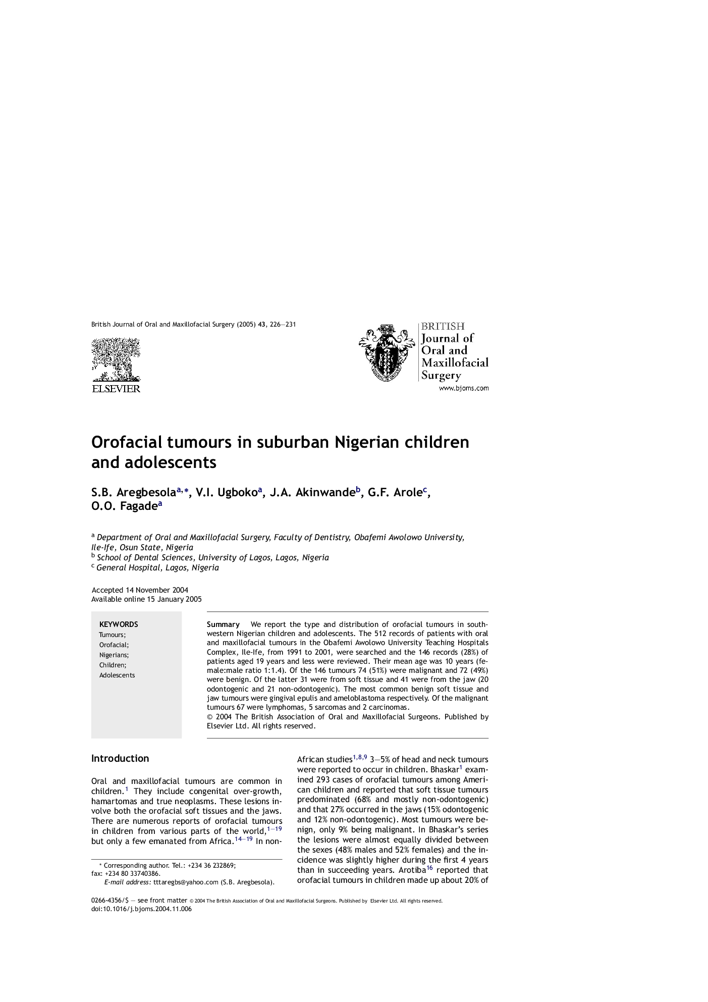 Orofacial tumours in suburban Nigerian children and adolescents