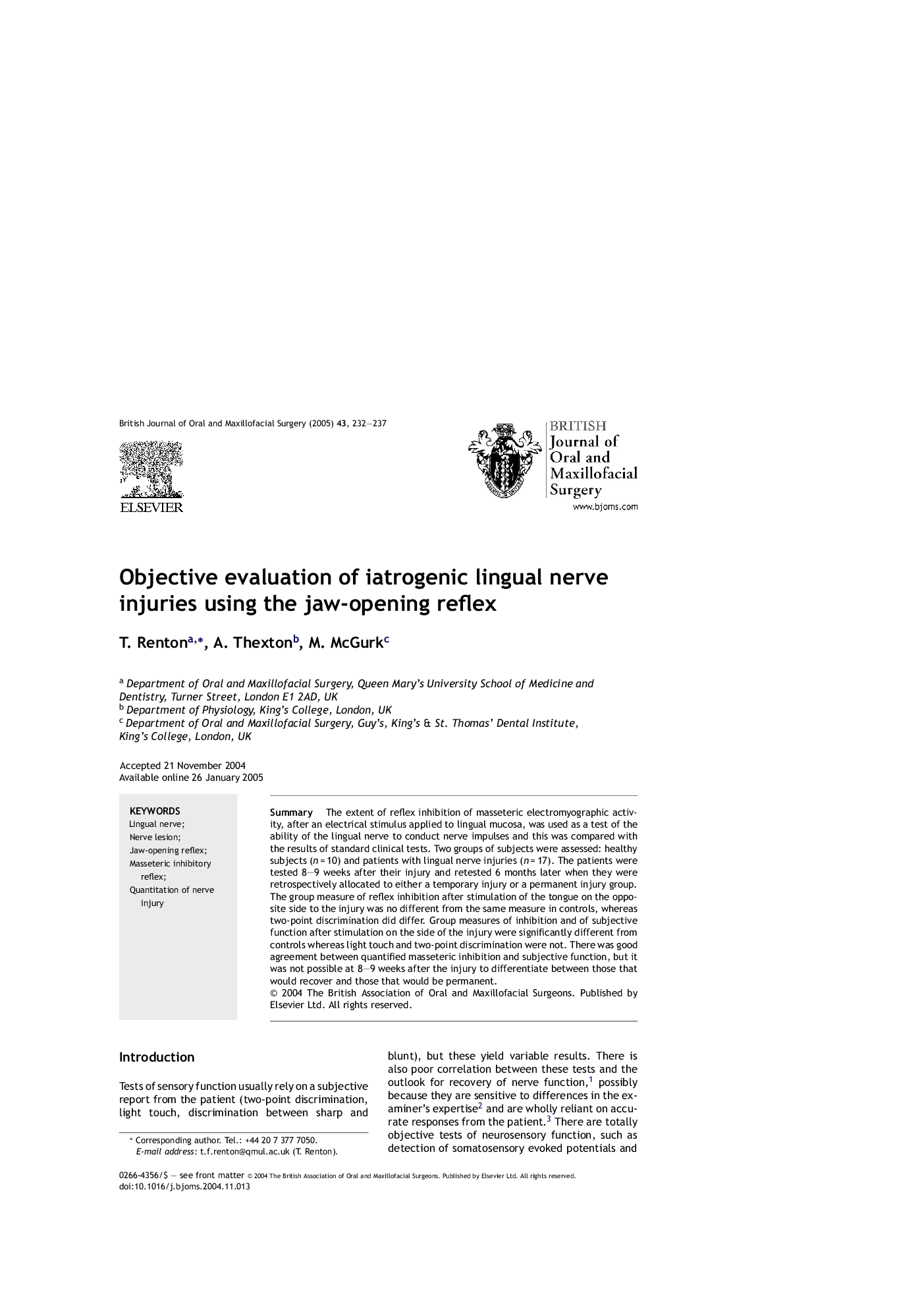 Objective evaluation of iatrogenic lingual nerve injuries using the jaw-opening reflex