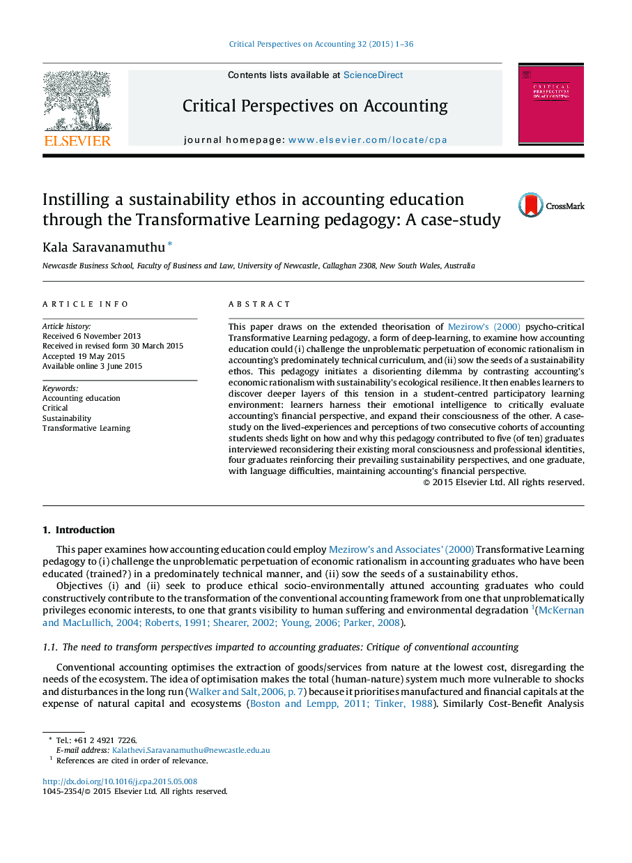 Instilling a sustainability ethos in accounting education through the Transformative Learning pedagogy: A case-study