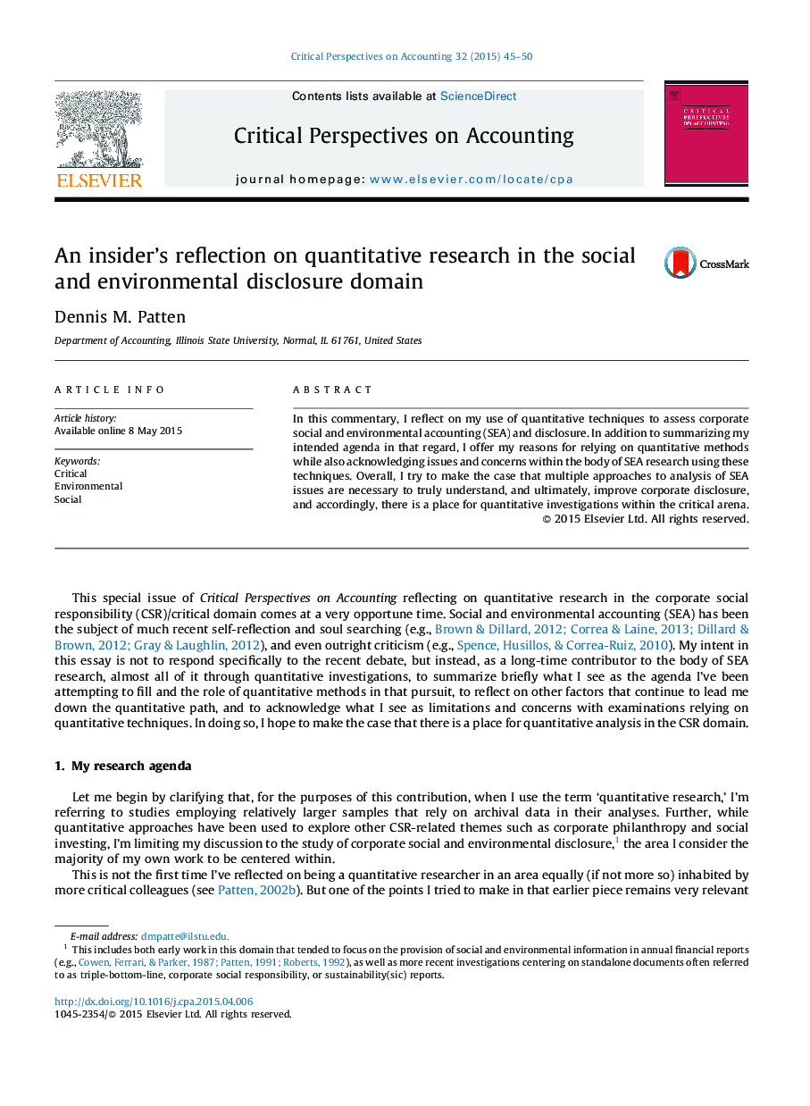 An insider's reflection on quantitative research in the social and environmental disclosure domain