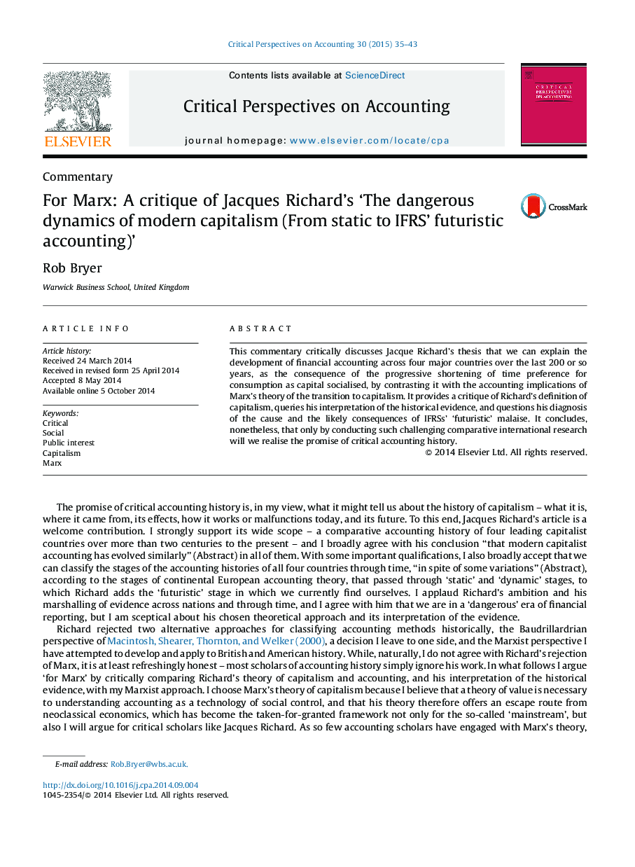 For Marx: A critique of Jacques Richard's ‘The dangerous dynamics of modern capitalism (From static to IFRS’ futuristic accounting)’