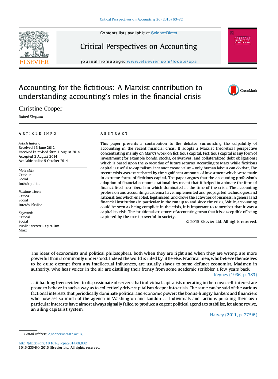 Accounting for the fictitious: A Marxist contribution to understanding accounting's roles in the financial crisis