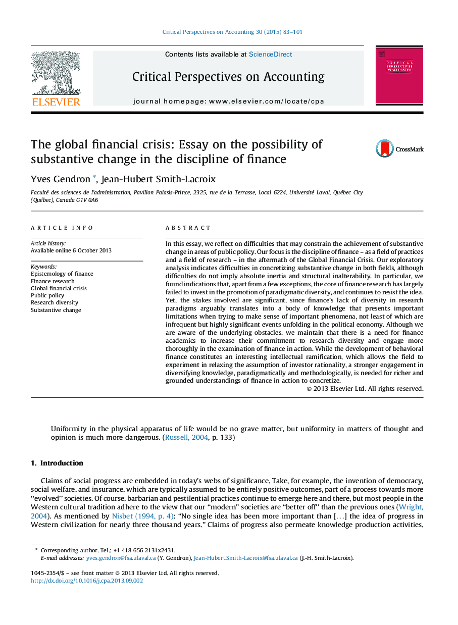 The global financial crisis: Essay on the possibility of substantive change in the discipline of finance