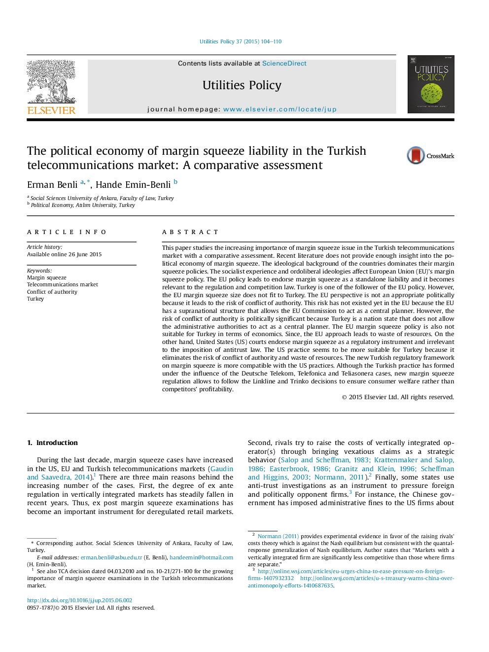 The political economy of margin squeeze liability in the Turkish telecommunications market: A comparative assessment