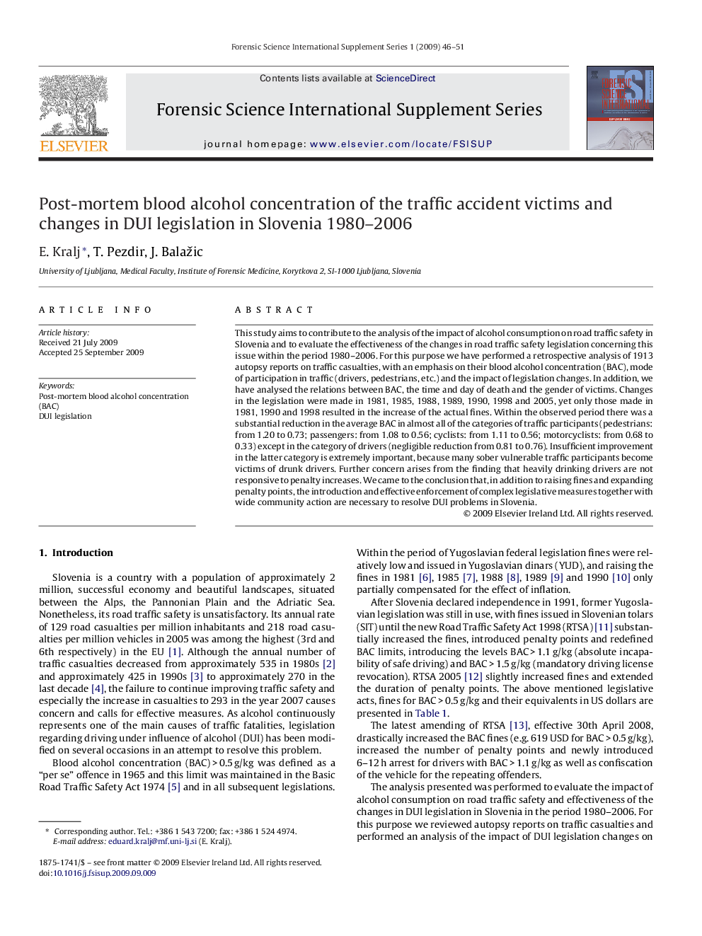 Post-mortem blood alcohol concentration of the traffic accident victims and changes in DUI legislation in Slovenia 1980–2006