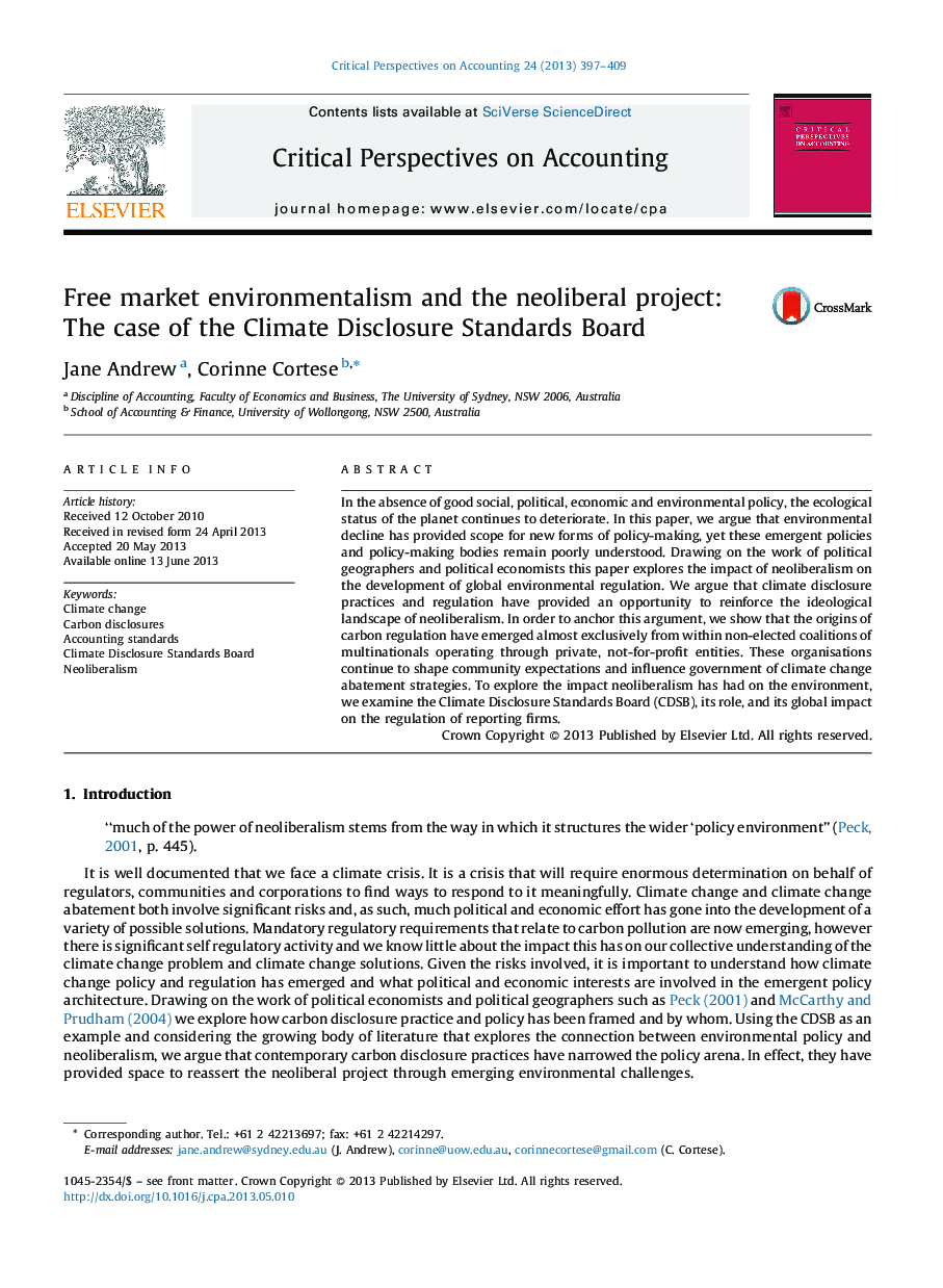 Free market environmentalism and the neoliberal project: The case of the Climate Disclosure Standards Board